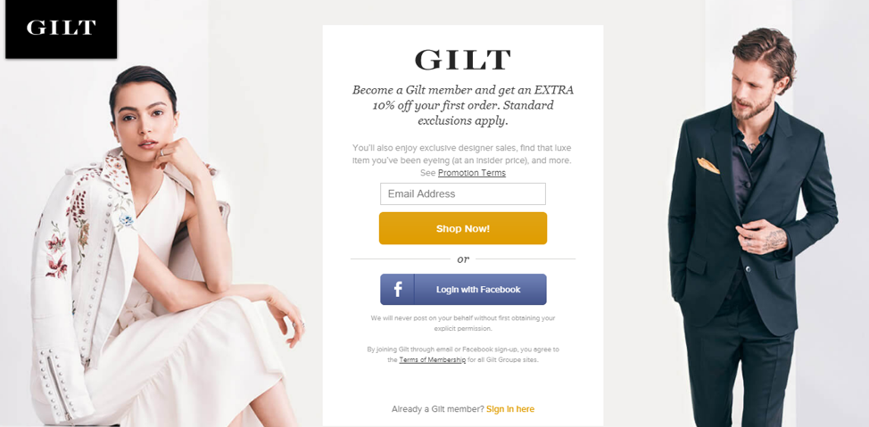 Bonus points if you skip the signup process altogether and allow them to sign in with a Google, Facebook or Twitter account, like Gilt does