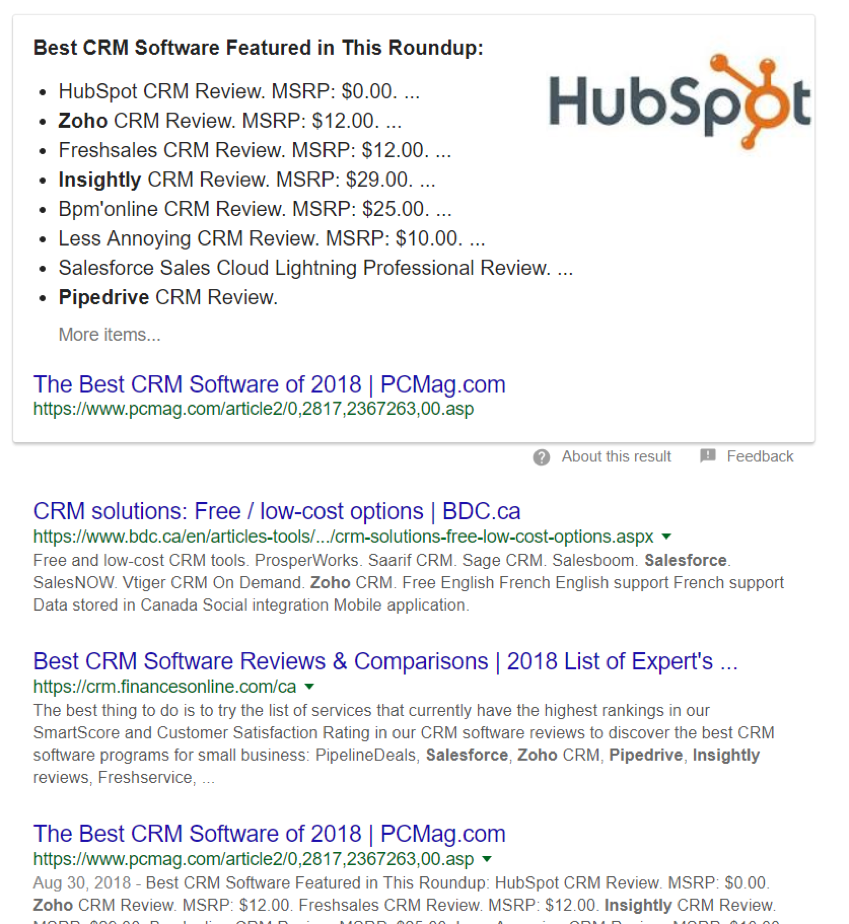 google search featured hubspot with software reviews