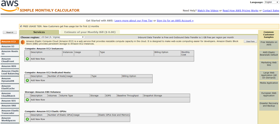 AWS simple monthly cost calculator