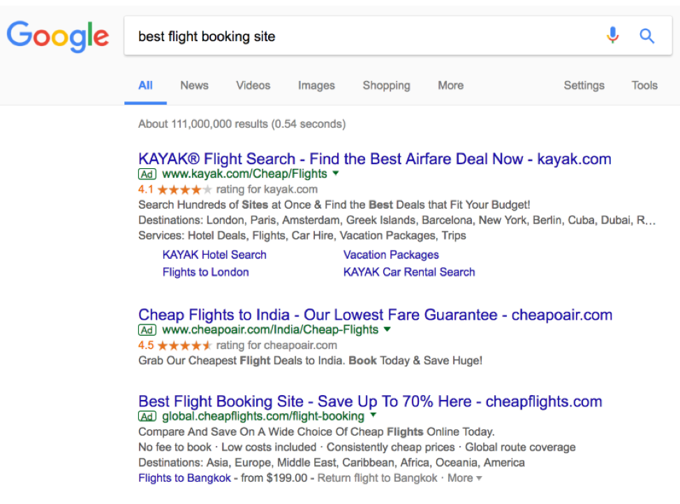 google search of best flight booking site