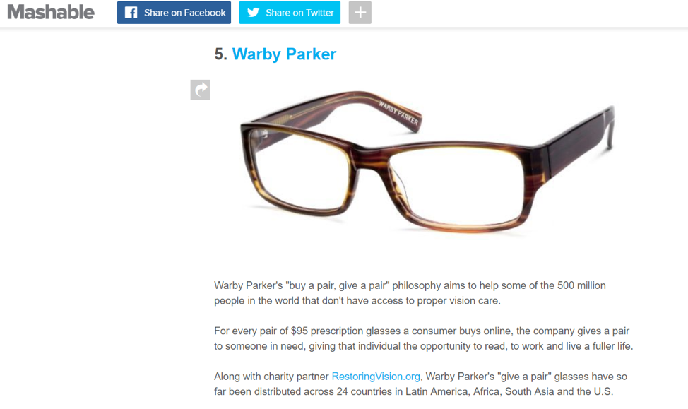 Mashable showing backlink to warby parker glasses